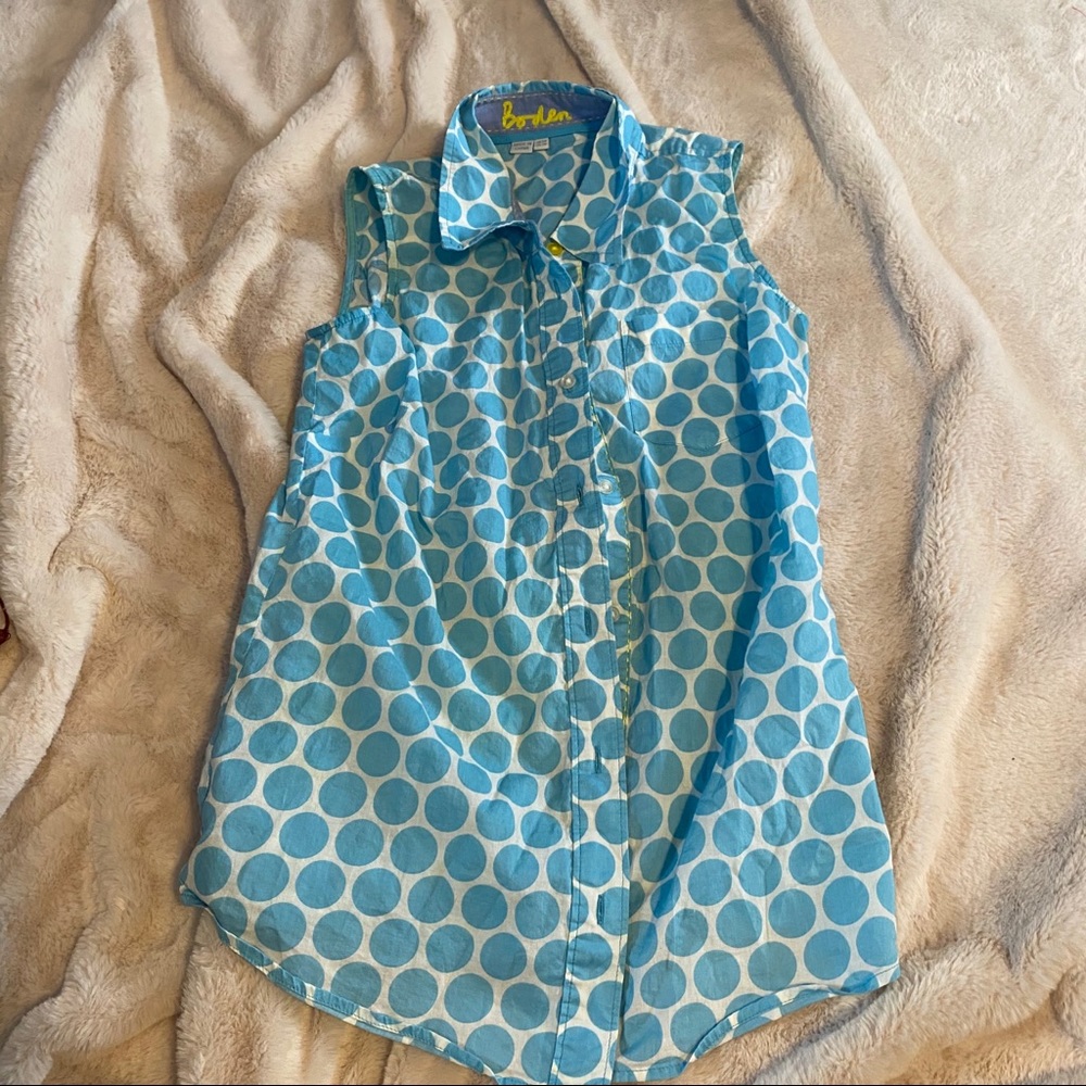 Boden sleeveless blue and white polka dot top